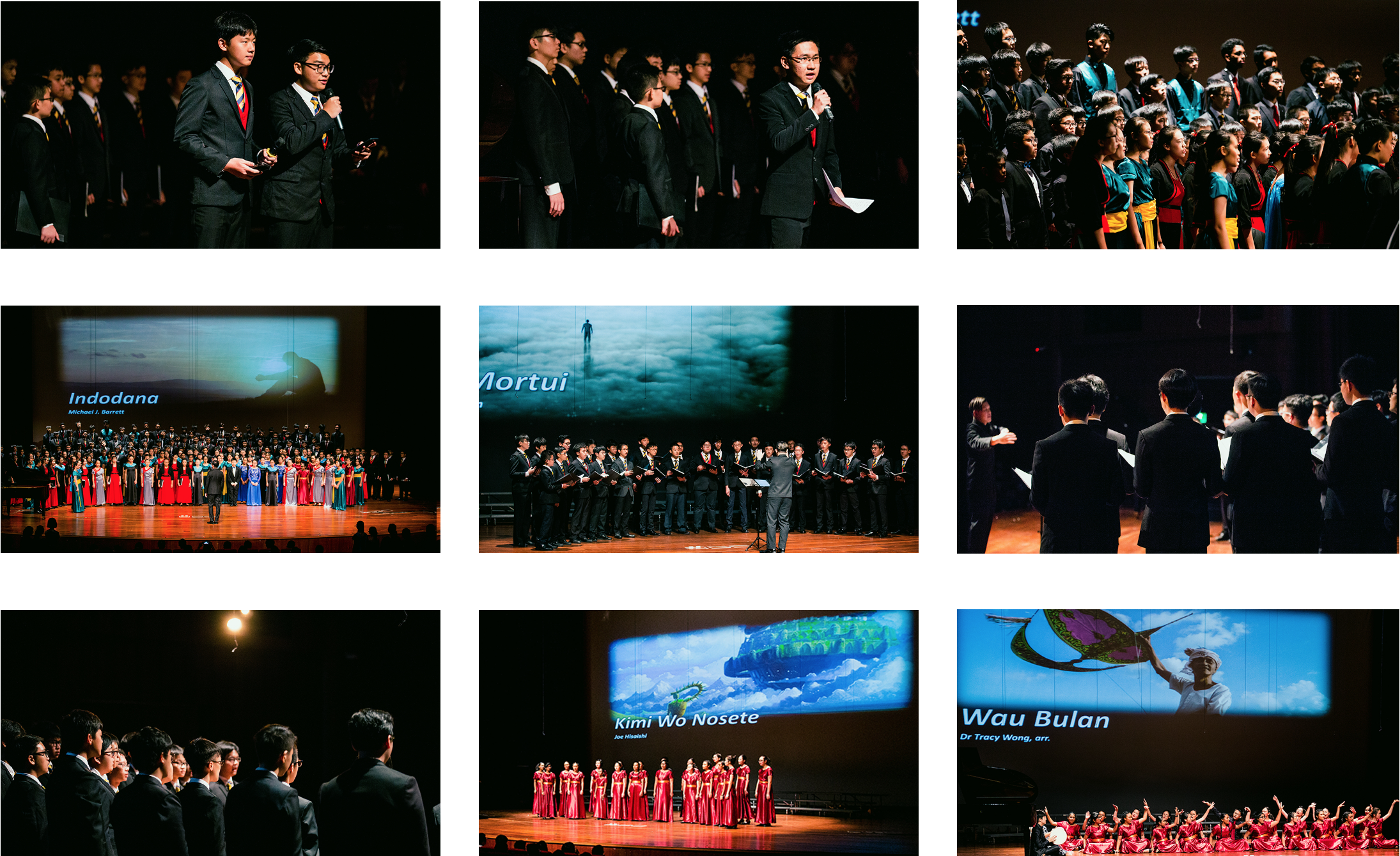 Nine-panel collage of a formal choir concert with singers in suits and colorful dresses on stage.